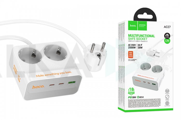 Сетевой фильтр HOCO AC27 Descanso 2 socket (with PD30W/2C1A) 2м (белый)