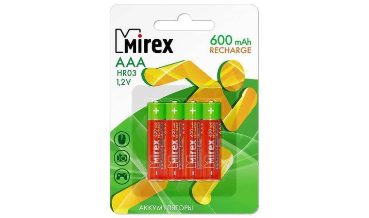 Аккумулятор Ni-MH Mirex HR03 / AAA 600mAh 1,2V цена за 4 шт (4/40/200), блистер (23702-HR03-06-E4) Аккумулятор Ni-MH Mirex HR03 / AAA 600mAh 1,2V цена за 4 шт (4/40/200), блистер (23702-HR03-06-E4)