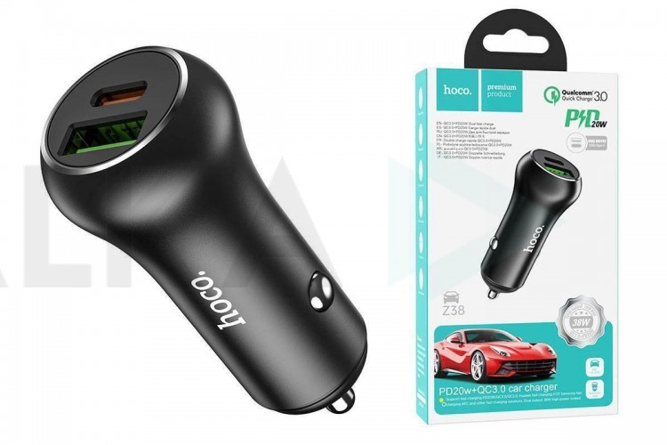 Автомобильное зарядное устройство АЗУ USB + Type-C HOCO Z38 Resolute PD20W+QC3.0 (черный)
