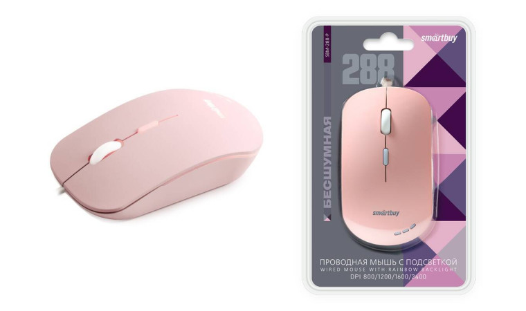 Мышь проводная беззвучная с подсветкой Smartbuy 288 розовая (SBM-288-P) / 40 Мышь проводная беззвучная с подсветкой Smartbuy 288 розовая (SBM-288-P) / 40