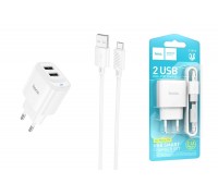Сетевое зарядное устройство 2USB + кабель MicroUSB HOCO C141A Smart (белый)