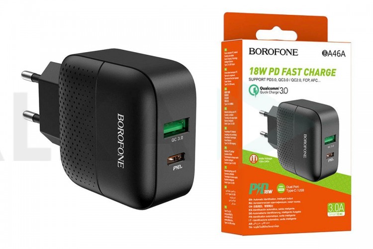 Сетевое зарядное устройство USB + USB-C BOROFONE BA46A Premium PD+ QC 3.0 (черный)