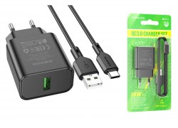 Сетевое зарядное устройство USB + кабель Type-C BOROFONE BA72A QC3.0 (черный)