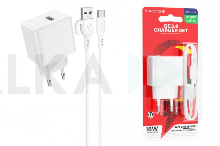 Сетевое зарядное устройство USB + кабель Type-C BOROFONE BAS12A Erudite QC3.0 (белый)