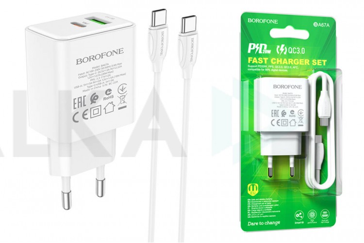 Сетевое зарядное устройство USB + USB-C + кабель Type-C BOROFONE BA67A PD 20W+QC 3.0 (белый)