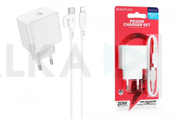 Сетевое зарядное устройство USB-C + кабель Lightning - Type-C BOROFONE BAS13A Erudite PD20W (белый)