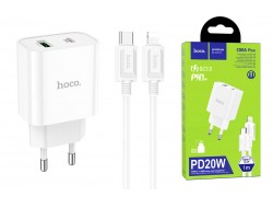 Сетевое зарядное устройство USB + USB-C + кабель Lightning - Type-C HOCO C80A Plus Rapido charger PD20W+QC3.0 (белый)