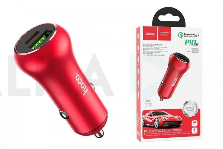 Автомобильное зарядное устройство АЗУ USB + Type-C HOCO Z38 Resolute PD20W+QC3.0 (красный)