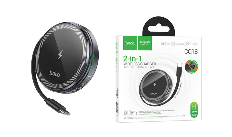 Беспроводное зарядное устройство CQ18 Flash (magnetic+iWatch) with retractable cable (серый металл)