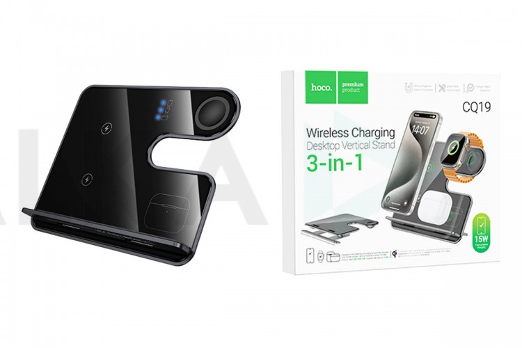 Беспроводное зарядное устройство 3 в 1 HOCO CQ19 Falcon vertical wireless (серый металл)