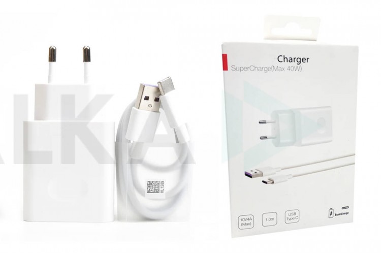 Сетевое зарядное устройство USB HUAWEI SuperCharge  прямоугольник + кабель (or.) 40W (белый)