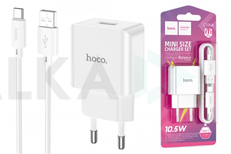 Сетевое зарядное устройство USB + кабель Type-C HOCO C106A Leisure (белый)