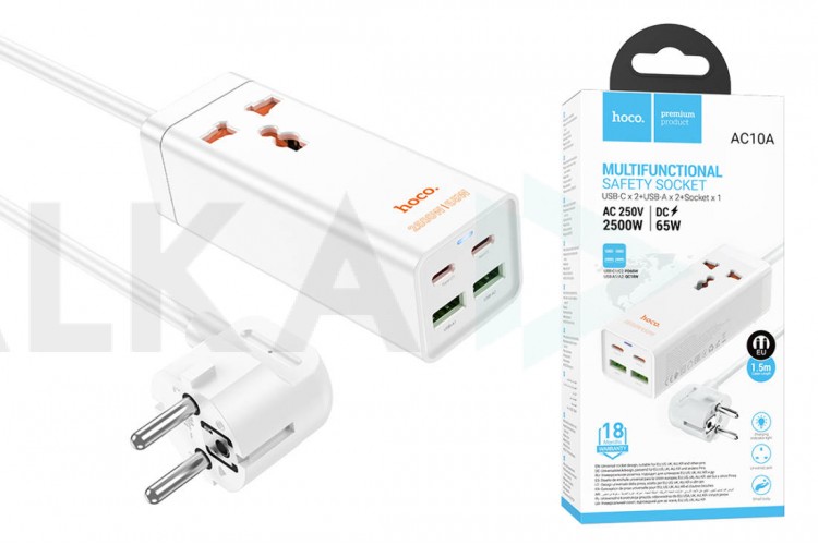 Сетевое зарядное устройство адаптер 2USB + 2USB-C + socket HOCO AC10A Barru PD65W (белый)