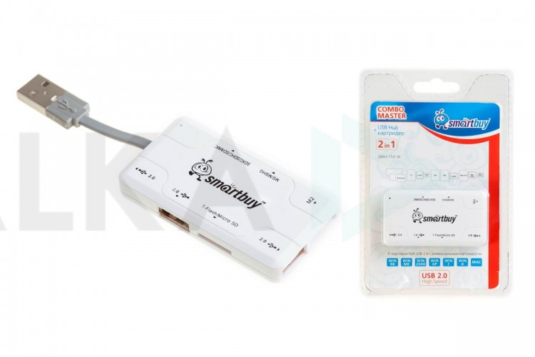 Картридер + Хаб Smartbuy 750, USB 2.0 3 порта+SD/microSD/MS/M2, белый (SBRH-750-W)