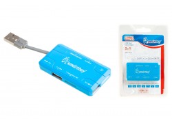 Картридер + Хаб Smartbuy 750, USB 2.0 3 порта+SD/microSD/MS/M2, голубой (SBRH-750-B)