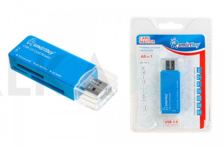 Картридер Smartbuy 749, USB 2.0 - SD/microSD/MS/M2, голубой (SBR-749-B)