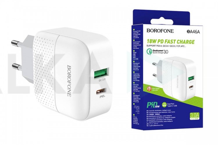 Сетевое зарядное устройство USB + USB-C BOROFONE BA46A Premium PD+ QC 3.0 (белый)