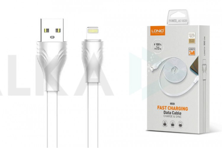 Кабель USB - Lightning LDNIO LS553 2.1A медь:152 жилы плоский (белый) 3м (У)