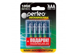 Аккумулятор Ni-MH Perfeo AAA 1000mAh/4BL+BOX (Картонный блистер, цена за 4 штуки)