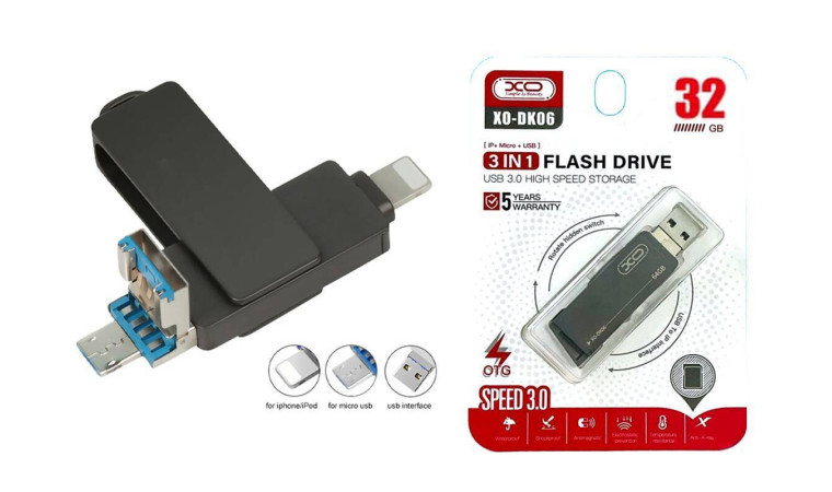 Флешка USB 3.0 XO DK06 3 in 1 OTG (USB3.0 + Lightning +Micro) 32GB Silver