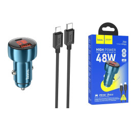 Автомобильное зарядное устройство АЗУ USB + USB-C + кабель Lightning HOCO Z50 Leader PD30W + QC3.0 (синий)