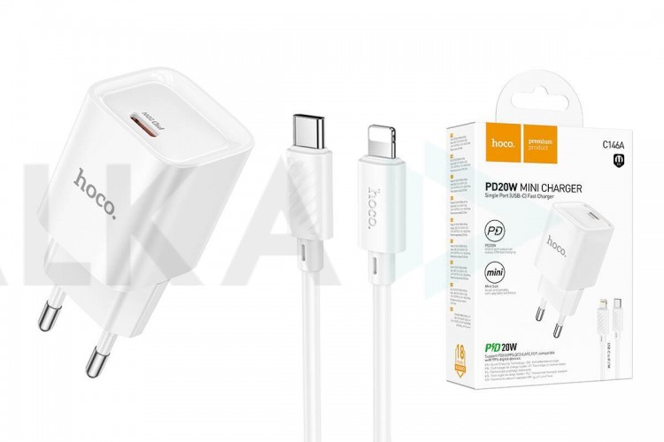 Сетевое зарядное устройство USB-C + кабель Lightning - Type-C HOCO C146A Charm single port PD20W (белый)