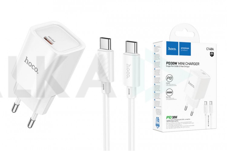 Сетевое зарядное устройство USB-C + кабель Type-C HOCO C148A Charm single port PD30W (белый)