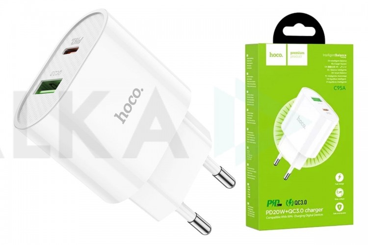 Сетевое зарядное устройство USB + USB-C HOCO C95A Lineal PD20W+ QC3.0 (белый)