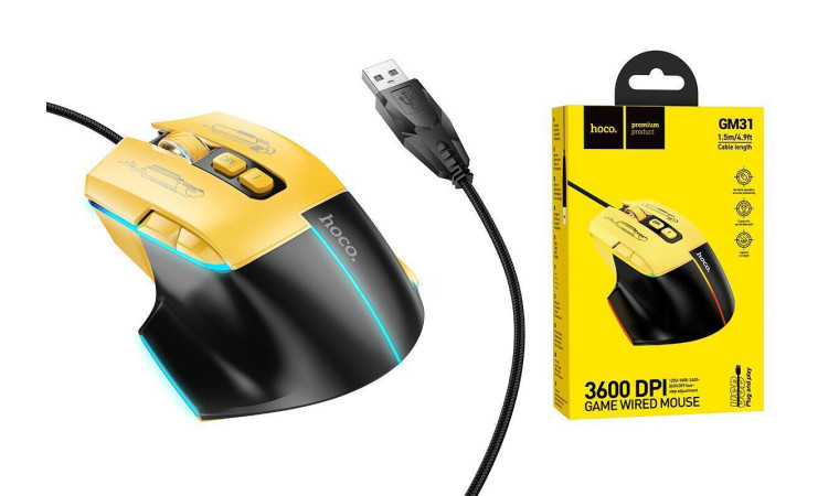 Мышь проводная НОСО GM31 Overlord luminous gaming wired mouse (черно-желтый) Мышь проводная НОСО GM31 Overlord luminous gaming wired mouse (черно-желтый)
