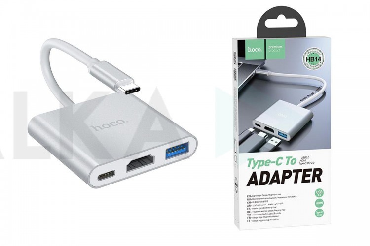 Разветвитель USB HUB Type-C (M) --> HDMI (F) + USB3.0 (F) + Type-C PD (F) HOCO HB14