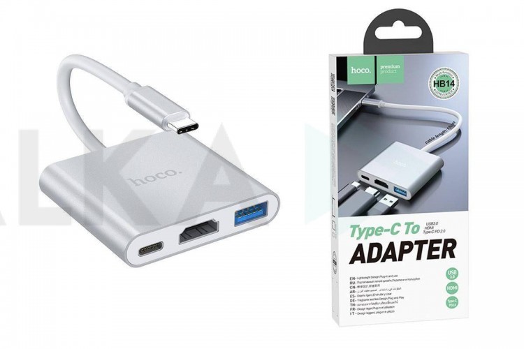 Разветвитель USB HUB Type-C (M) --> HDMI (F) + USB3.0 (F) + Type-C PD (F) HOCO HB14