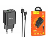 Сетевое зарядное устройство USB + USB-C + кабель Lightning-Type-C HOCO N28 PD20W+ QC 3.0 (черный)