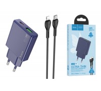 Сетевое зарядное устройство USB + USB-C + кабель Lightning-Type-C HOCO N45 PD30W+ QC 3.0 (титановый синий)