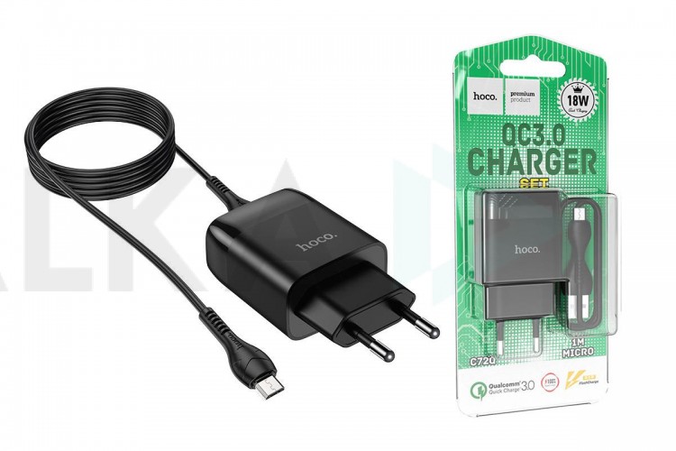 Сетевое зарядное устройство USB + кабель MicroUSB HOCO C72Q Glorius QC3.0 3000mAh (черный)