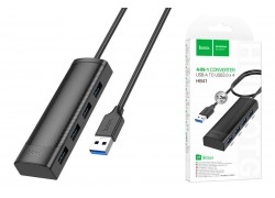 Разветвитель USB-C HUB HOCO HB41 Easy safety 4-in-1 Adapter(USB to USB3.0*4)(L=1.2M) (черный)