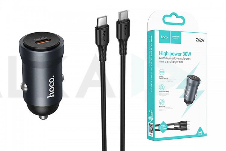 Автомобильное зарядное устройство АЗУ USB-С + кабель Type-C HOCO Z62A PD30W (серый)