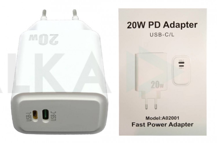 Сетевое зарядное устройство USB-C + USB-L (Lightning) 20W iPhone 12/13/14/15 прямоугольник (or.) (белый)