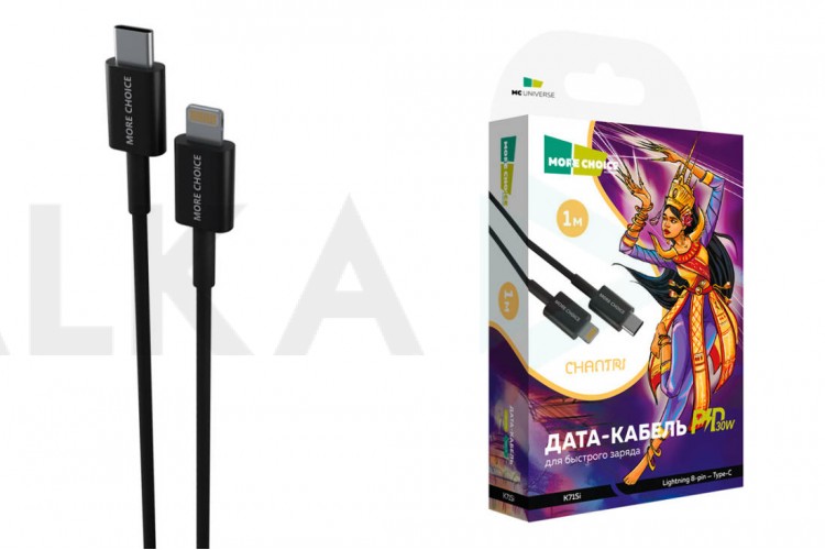 Кабель USB Type-C - Lightning More choice K71Si TPE 2.4A PD30W быстрая зарядка 1м (Black)