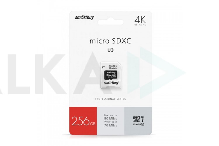 Карта памяти microSDXC Smartbuy 256 GB PRO U3 R/W:90/70 MB/s (с адаптером SD) (SB256GBSDCL10U3-01)