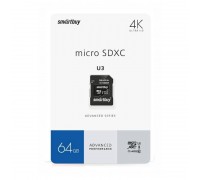 Карта памяти microSDXC Smartbuy 64 GB PRO U3 V30 A1 R/W:90/55 MB/s (с адаптером SD) (SB64GBSDU1A-AD)