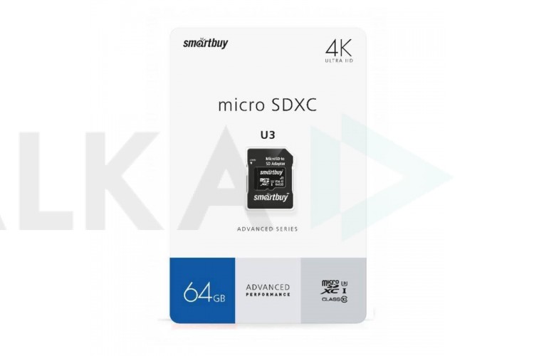 Карта памяти microSDXC Smartbuy 64 GB PRO U3 V30 A1 R/W:90/55 MB/s (с адаптером SD) (SB64GBSDU1A-AD)