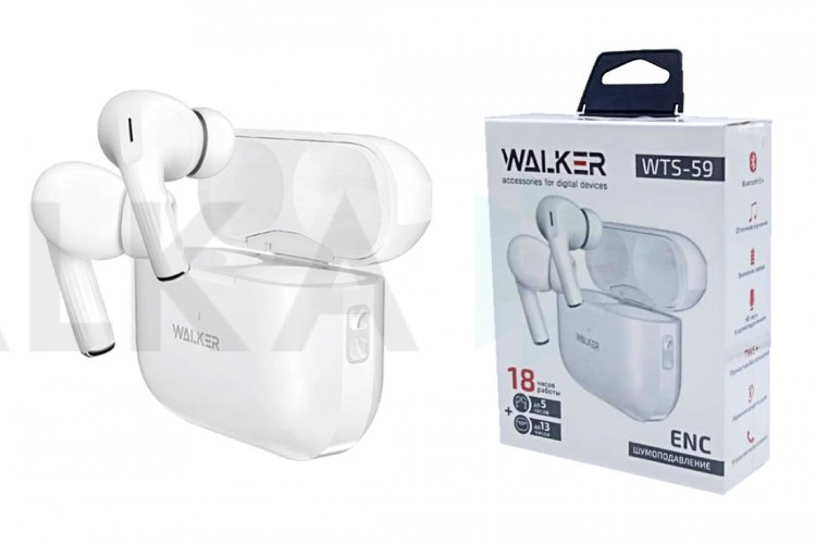 Наушники вакуумные беспроводные WALKER WTS-59, шумопод. ENC, сенс. управление, независ. работа, индик. заряда, белые