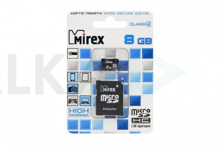 Карта памяти Mirex 8GB MicroSD (Class4) с адаптером