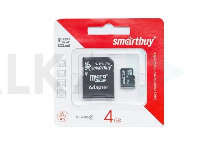 Карта памяти microSDHC Smartbuy 4 GB (class 4) c адаптером (SB4GBSDCL4-01)