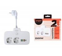 Сетевой тройник Amper 0,2м, 2 розетки, 3*0,75мм, 10А, 2500 Вт, 3usb, 1Type-C, 1кн, белый. T2535W