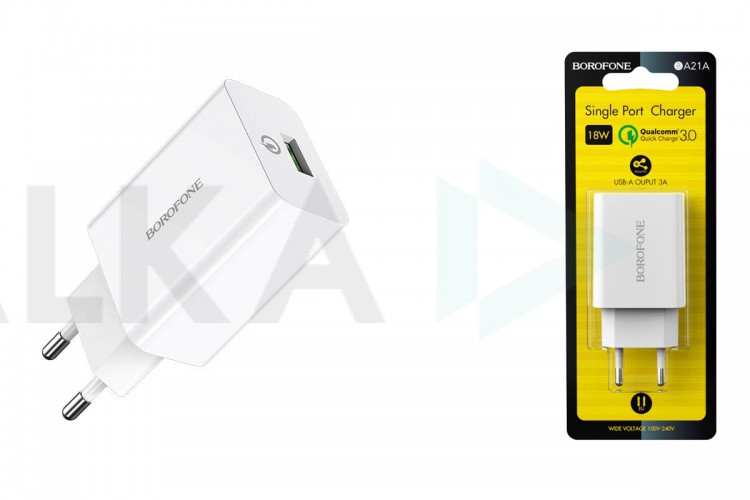 Сетевое зарядное устройство USB BOROFONE BA21A Long journey single port QC3.0 18W  3000 mAh (белый)