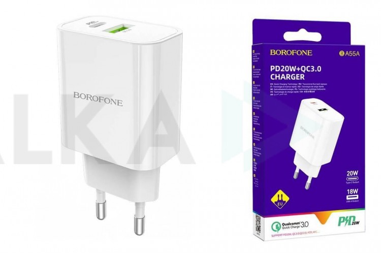 Сетевое зарядное устройство USB + USB-C BOROFONE BA55A Easy Speed PD20W + QC3.0 (белый)