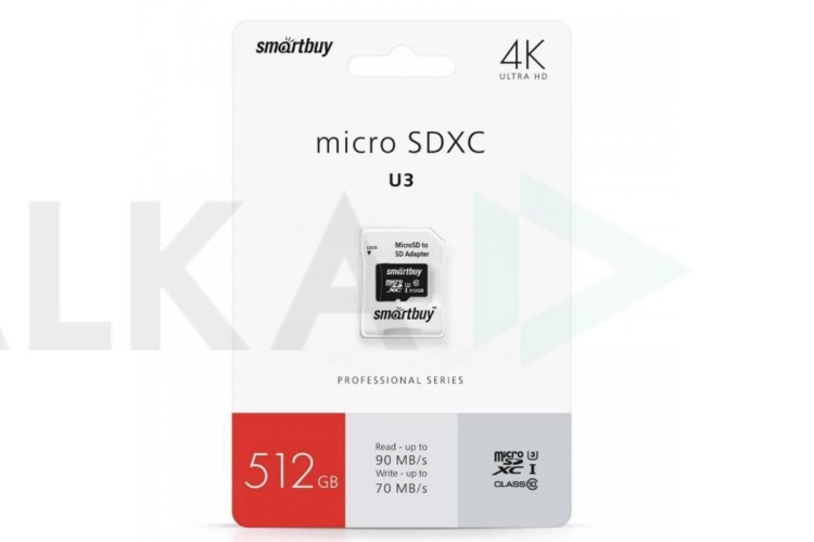 Карта памяти microSDXC Smartbuy 512GB Class10 PRO U3 R/W:90/70 MB/s (с адапт) SB512GBSDCL10U3-01