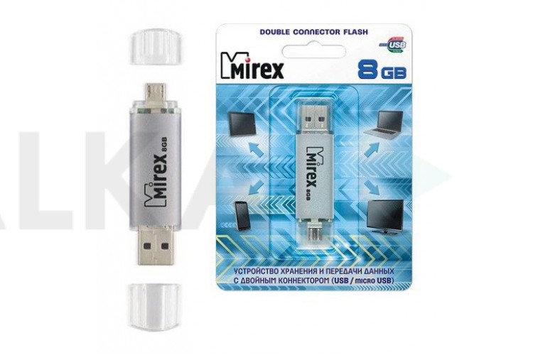 Флешка USB 2.0 Mirex SMART SILVER с двойным разъёмом USB/microUSB 8GB (ecopack)