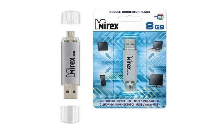 Флешка USB 2.0 Mirex SMART SILVER с двойным разъёмом USB/microUSB 8GB (ecopack)